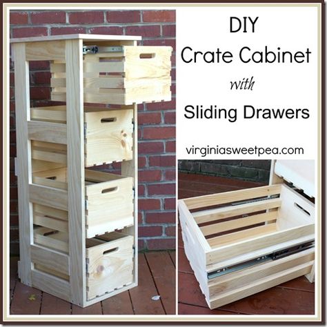 DIY Crate Cabinet with Sliding Drawers by virginiasweetpea.com Drawers Diy, Wood Crate Furniture, Table Palette, Diy Crate, Sliding Drawers, Diy Drawers, Diy Apartment Decor, Crate Furniture, Diy Cabinets