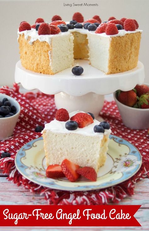 This delicious Sugar Free Angel Food Cake recipe is super easy to make, low carb, and perfect for diabetics. An incredible sugar free dessert. Sugar Free Angel Food Cake Recipe, Sugar Free Angel Food Cake, Dessert Restaurant, Pudding Chia, Dessert Mousse, Sugar Free Cake, Postre Keto, Free Angel, Cheesecake Brownies