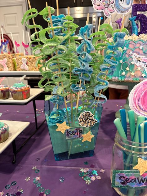 Mermaid Candy Table Ideas, Mermaid Birthday Candy Table, Mermaid Party Sweets Table, Mermaid Party Decorations Table, Mermaid Decoration Ideas, Ocean Candy Bar, Little Mermaid Desert Table, Diy Mermaid Table Decor, Mermaid Party Candy Table