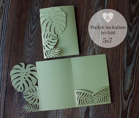 Green tropical leaves diy wedding invitation lasercut pocket, Palm leaf svg invitation template, Tri-fold 5x7 envelope cricut papercut cameo Envelope Cricut, Leaves Diy, Diy Wedding Invitation, Leaf Svg, Leaf Invitations, Rose Gold Wedding Invitations, Wedding Invitations Leaves, Pocketfold Invitations, Pocket Fold Wedding Invitations