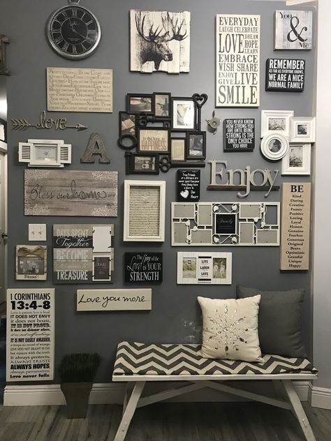 Rustic Collage Picture Frames, Rustic Wall Collage, How To Decorate A Large Wall, Wall Picture Design, Photo Wall Collage Bedroom, Wall Collage Bedroom, Family Wall Collage, Decorate After Christmas, Wall Scrabble