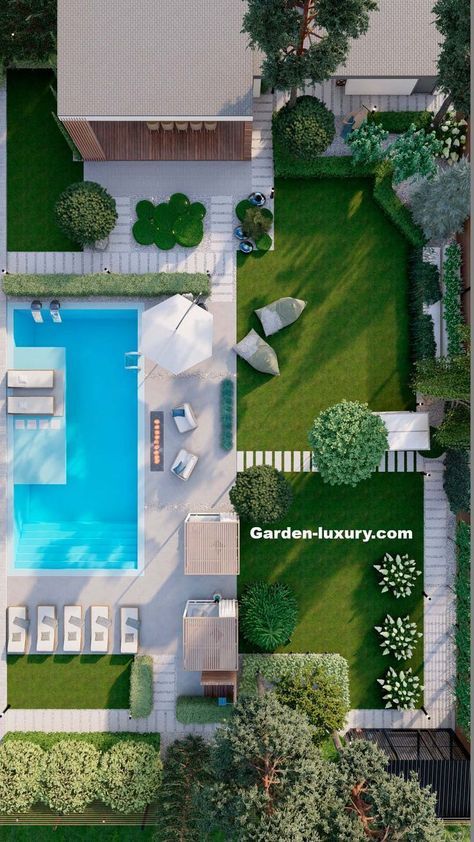 Villa Garden Design Landscaping, Modern Villa Garden, Villa Landscape Design, Garden With Swimming Pool, Landscape Villa, Moderne Pools, Patio Grande, Luxury Landscaping, Desain Lanskap