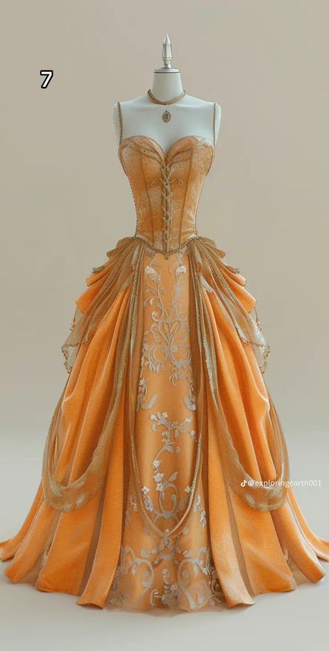 Orange Royal Dress, Orange Princess Aesthetic, Yellow Princess Gown, Orange Princess Dress, Sun Gown, Orange Ball Dresses, Goddess Oc, Yule Ball Outfits, Fantasy Dresses