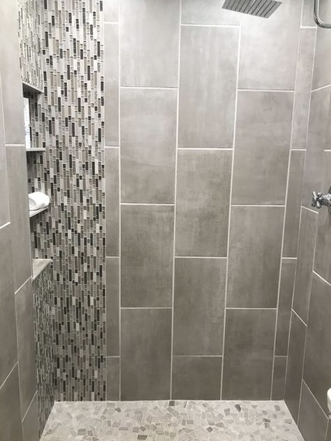 Black White And Grey Shower Tile, Vertical Tiles In Showers, Linen Tile Bathroom, Shower Vertical Tile, Vertical Shower Tile Ideas, Gray Shower Tile Ideas, Grey Shower Tile Ideas, Vertical Shower Niche, Vertical Tile Shower Ideas