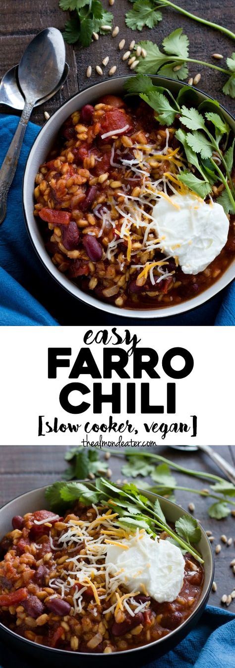 Easy Farro Chili | A chili recipe featuring farro and beans made in your slow cooker! Prep time is less than 5 minutes | thealmondeater.com Farro Chili, Farro Recipes, Vegetarian Chili Recipe, Slow Cooker Chili, Vegetarian Chili, Chili Recipe, Meatless Meals, Foodie Recipes, Chili Recipes