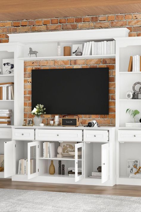 Beautiful entertainment set! I love all of the shelves and cabinets. Has kind of a rustic feel to it! Entertainment Center With Bookshelves, Tv Hutch, Shelves Tv, Large Entertainment Center, Tv Entertainment Center, Tv Center, Door Texture, Entertainment Wall Units, Tv Entertainment Centers