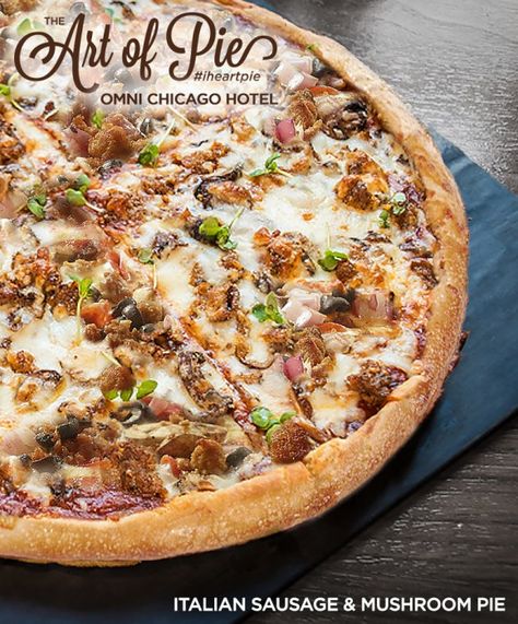 Recipe for Italian Sausage and Mushroom Pie from the Omni Chicago Hotel. #pie #recipe #ArtofPie #IHeartPie Sausage And Mushroom Pizza, Sausage And Mushrooms, Italian Sausage Pizza, Yummy Pie Recipes, Chicago Hotel, Pork Entrees, Mushroom Pie, Sausage Pizza, Italian Sausage Recipes