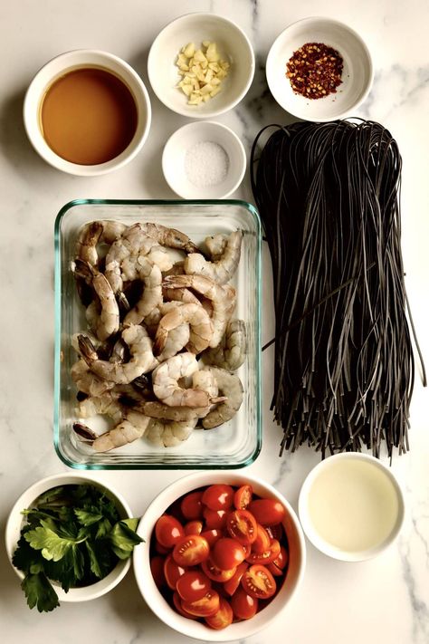 Squid Ink Pasta Recipe with Shrimp and Cherry Tomato Sauce - CucinaByElena Squid Ink Pasta With Shrimp, Squid Ink Pasta Dishes, Black Squid Ink Pasta, Squid Ink Pasta Recipe, White Wine Pasta Sauce, Recipe With Shrimp, Ink Pasta, Squid Ink Pasta, Cherry Tomato Sauce