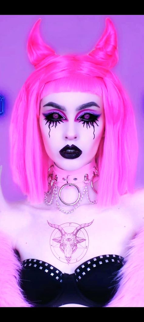 Pink Demon Costume, Pink Demon Makeup, Pink Witch Makeup, Goth Barbie Makeup, Pink Goth Makeup, Drag King Makeup, Pink Demon, Perky Goth, Witchy Makeup