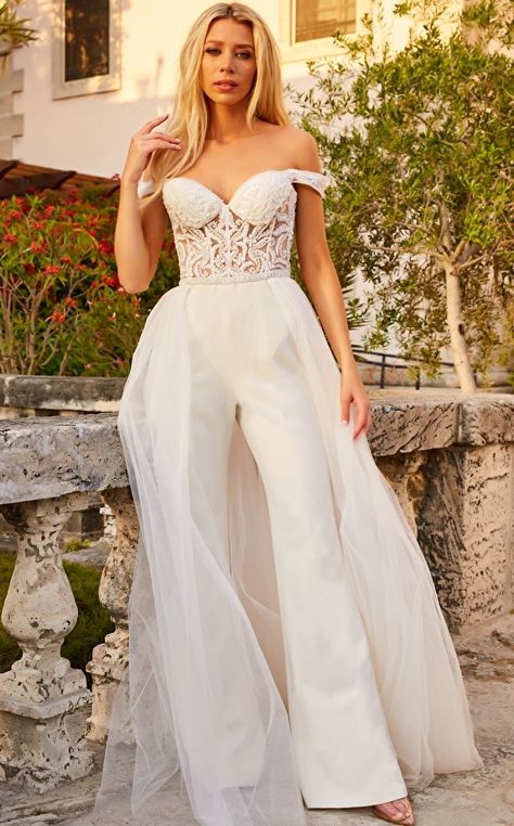 jovani Wedding Dresses & Gowns Style jb06507 Jumpsuit With Overskirt, Wedding Dress Jumpsuit, Tulle Overskirt, Off The Shoulder Wedding Dress, Shoulder Wedding Dress, Off Shoulder Wedding Dress, Dress Jumpsuit, Bridal Jumpsuit, Wedding Jumpsuit