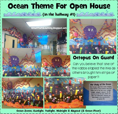 SmartTartsLearning: We Went TOTALLY Overboard for our Ocean Themed Open House! Ocean Zones, Ocean Classroom, Ocean Theme Decorations, Classroom Arrangement, Ocean Theme Classroom, Ocean Unit, Teaching Themes, School Hallways, Teacher Doors