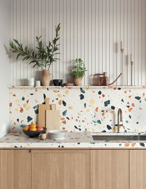 Caulfield North Apartment :: Behance Open Shelving In The Kitchen Modern, Terrazzo Interior, Terrazzo Kitchen, Apartment Behance, Seating Ideas, Minimal Kitchen, Simple Meals, Kitchen Decor Ideas, Casa Vintage