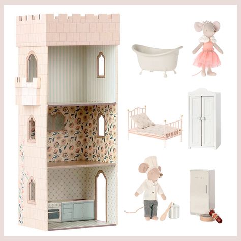 Maileg Castle, Castle Furniture, Maileg Furniture, Maileg Doll House, Gold Chairs, Rose Lamp, Miniature Sign, Pink Castle, Gold Chair