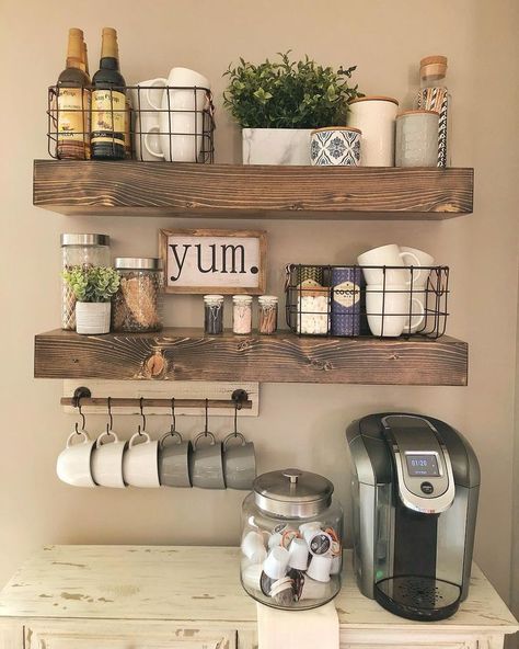 Spectacular coffee bar ideas for small spaces with floating shelves and storages  #coffeebar #coffeebardecor #coffeebardesign #coffeestation #coffeestationideas #diycoffeebar Drinks Corner, Coin Café, Coffee Stations, Diy Coffee Bar, Bar In Casa, Home Coffee Stations, Coffee Bars In Kitchen, Coffee Bar Home, Tea Bar