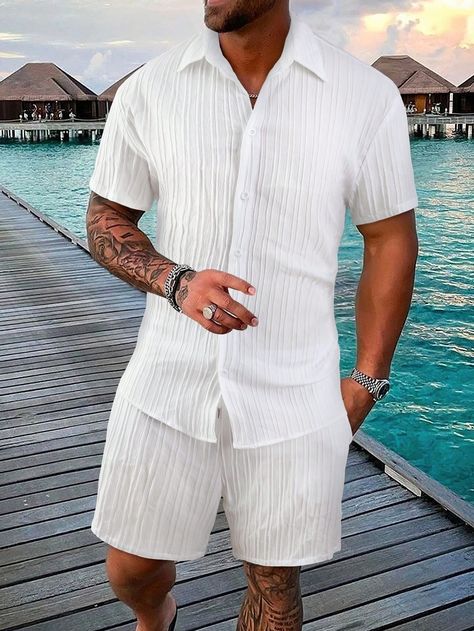 White Casual Collar Short Sleeve  Plain  Embellished Non-Stretch  Men Clothing Mens Beach Style, Striped Pant, Seluar Pendek, Summer Vacation Outfits, Safety Clothing, New Mens Fashion, Streetwear Summer, Herren Outfit, Mens Workout Clothes