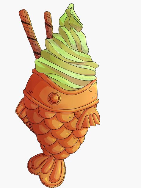 "Matcha Taiyaki" Sticker by VictoriaHamre | Redbubble Matcha Taiyaki, Japanese Food Illustration, Japanese Food Art, Kunstjournal Inspiration, Quick Sketches, 귀여운 음식 그림, 동화 삽화, Japanese Poster Design, Food Artwork