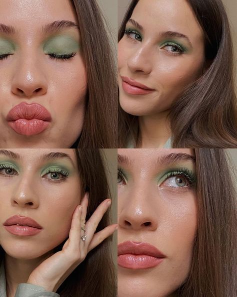 LETI 🦋 MAKEUP • HAIRSTYLIST on Instagram: “pastel dreamsss 💚 to create this look i mixed a green eyeshadow with a little bit of foundation to create a soft, pastel tone. 🤫…” Pale Green Eyeshadow, Pastel Green Eye Makeup, Soft Green Eyeshadow, Mint Eyeshadow Looks, Pastel Green Makeup, Vacay Makeup, Pastel Eyeshadow Looks, Pastel Makeup Looks, Pastel Photoshoot