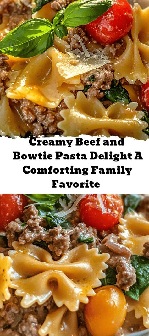 Looking for a quick and delicious weeknight meal? Try the Creamy Beef and Bowtie Pasta Delight! This comforting dish combines tender bowtie pasta with seasoned ground beef, fresh vegetables, and a rich creamy sauce that everyone will love. Ready in just 30 minutes, it's perfect for busy evenings or cozy family gatherings. Plus, you can easily customize it with different meats or veggies to suit your taste. Add a side salad and garlic bread for a complete meal. Discover how to create th Bow Tie Pasta Meals, Bowtie Pasta Dishes, Bowtie Pasta With Ground Beef, Beef And Bowtie Pasta Recipe, Creamy Beef And Bowtie Pasta, Bowtie Pasta Recipes Easy, Creamy Bowtie Pasta Recipes, Bow Pasta Recipes, Bowtie Pasta Recipes