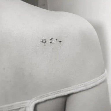 Moon and Stars Tattoo Sun Moon Star Meaning, Minimalist Star And Moon Tattoo, Simple Moon Star Tattoo, Mini Tattoos Sun Moon Star, Sun Moon Star Trio Tattoo, Sun Moon Star Cloud Tattoo, Sky And Moon Tattoo, Half Moon And Star Tattoo, Small Sun Moon And Stars Tattoo