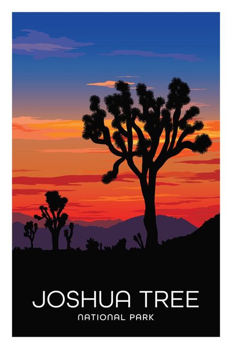 Joshua Tree National Park at Sunset Poster National Parks Painting Easy, Joshua Tree Illustration, Joshua Tree Painting, Joshua Tree Tattoo, Joshua Tree Art, Joshua Tree Sunset, Arizona Room, Vintage National Park Posters, July Art