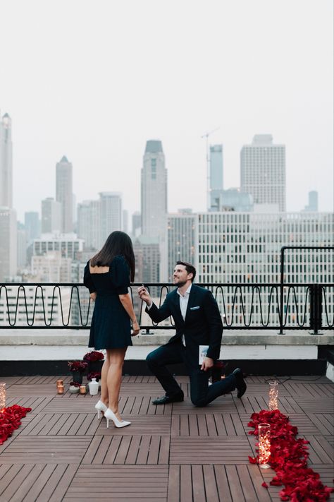 Rooftop evening couple Chicago city proposal Proposal Ideas Rooftop, Chicago Proposal Ideas, Rooftop Proposal Ideas, Proposal Places, Rooftop Chicago, Rooftop Proposal, Couple Proposal, Chicago Proposal, Dream Proposal