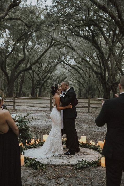 Small Outdoor Ceremony, Backyard Wedding Intimate, Small Vow Renewal Ceremony, Small Vow Renewal Ideas, Intimate House Wedding, Backdrop With Candles, Small Vow Renewal, Standing Wedding Ceremony, Wormsloe Wedding