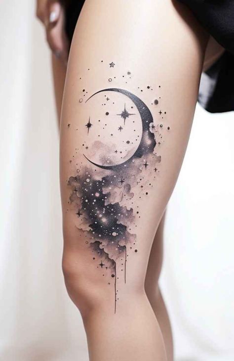 Sky And Moon Tattoo, Moons And Stars Tattoos, Cosmic Tattoos For Women, Back To Hip Tattoos Women, Star Leg Tattoos, Night Sky Tattoos For Women, Moon Stars Tattoo Designs, Moon And Constellation Tattoo, Celestial Hip Tattoo