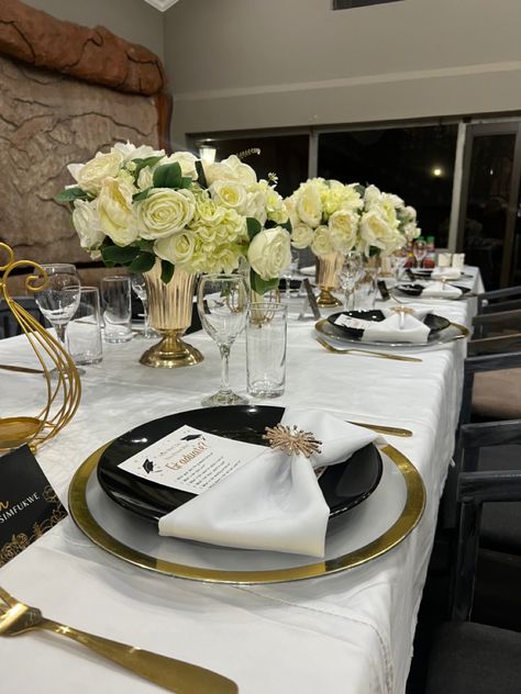 White gold and black decor small party graduation party Graduation Party Black And White, White And Black Graduation Party, Formal Graduation Party Ideas, Luxury Graduation Party, Black And Gold Grad Party, Black And Gold Graduation Party Ideas, Black And White Grad Party, White And Gold Graduation Party, White Grad Party