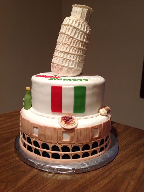 Italy themed cake Italian Cake Design, Italian Birthday Cake, Italian Rum Cake, Bon Voyage Cake, Italian Birthday, Lace Cakes, Button Cake, Italy Party, Italian Wedding Cakes