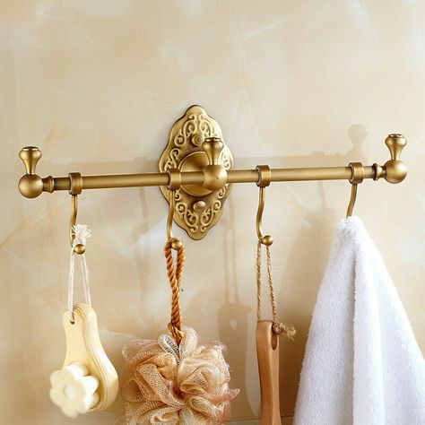 Bath Towel Storage, Brass Towel Bar, Bathroom Towel Storage, Brass Shelves, Wall Mounted Towel Rack, Bathroom Rack, Bathroom Installation, Vintage Towels, Shower Organization