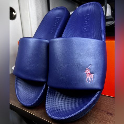 Brand New! Men’s Size 10 Ships Out Today! Polo Slides, Polo Ralph Lauren Shoes, Men Slides, Rubber Sandals, Navy Man, Polo Bear, Ralph Lauren Shoes, Slides Sandals, Blue Sandals