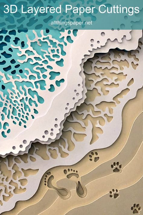 beach scene layered paper cutting with waves breaking at shore and footprints and dog pawprints in the sand Laser Cut Wood Projects, Paper Cutout Effect, Paper Crafts Templates, Woodworking Templates, Layered Paper Art, Paper Cut Artists, Cut Paper Illustration, Arte Quilling, Cut Crafts