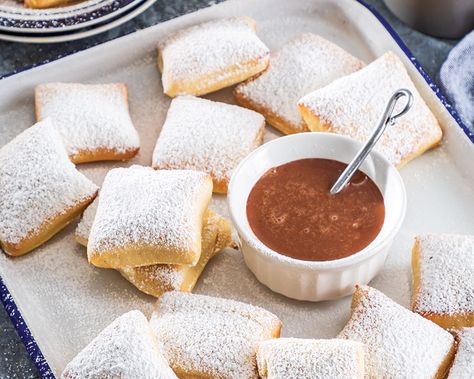 Air-Fried Beignets with Milk Chocolate Sauce Air Fryer Beignets, Milk Chocolate Sauce, Active Dry Yeast, White Chocolate Mousse, Instant Pudding, Paula Deen, Chocolate Sauce, Chocolate Mousse, Beignets