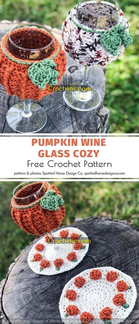 Easy Crochet Pumpkin Coasters Halloween Crochet Ghost Garland Disney Lion King Crochet Pattern Crochet Pumpkin Wine Glass Cozy, Pumpkin Cozy Crochet, Fall Crocheted Items, Crochet Pumpkin Cozy, Harvest Crochet Patterns, Crochet Fall Market Prep, Crochet Autumn Free Pattern, Crochet Wine Glass Cozy Pattern Free, Crochet Fall Decor Patterns