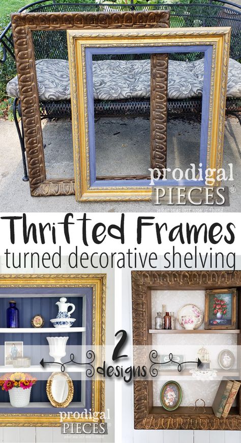 Grab those thrifted store cast-offs and create some repurposed picture frame shelves for your home decor. DIY tutorial by Larissa of Prodigal Pieces | prodigalpieces.com #prodigalpieces #handmade #diy #home #homedecor #homedecorideas #crafts Repurpose Picture Frames Diy, Picture Frame Shelf, Picture Shadow, Repurpose Picture Frames, Frame Shelves, Picture Frame Projects, Cute Picture Frames, Box Picture Frames, Picture Frame Crafts