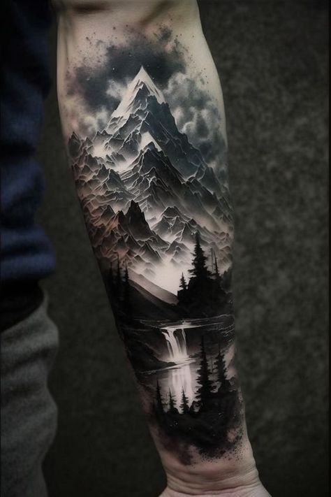 Mountain Sleeve Tattoo, Forest Tattoo Sleeve, Natur Tattoo Arm, Wilderness Tattoo, Forearm Cover Up Tattoos, Mountain And Forest, Forest Tattoo, Nature Tattoo Sleeve, Wolf Tattoo Sleeve