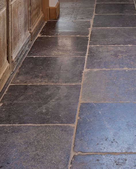 Flagstone Flooring Kitchen, Belgian Bluestone Floor, Belgian Reproduction Tile, Concrete Tile Floor, Cabin Floor, Hotel Floor, Maximalist Home, Flagstone Flooring, Rustic Kitchen Cabinets