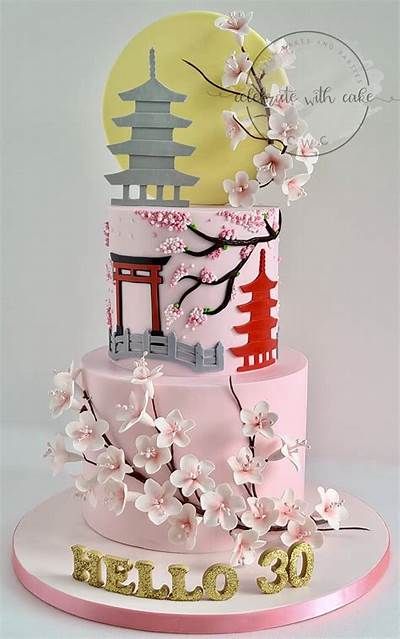 Hibachi Birthday Cake, Hibachi Cake Ideas, Japanese Birthday Cake Ideas, Japan Cake Design, Japanese Themed Cake, Japanese Cake Decoration, Japanese Cake Design, Mulan Party Ideas, Sakura Cake