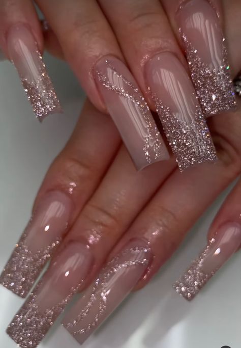 Nude Glitter Acrylic Nails, Nude Prom Nails, Elegant Nude Nails, Reflective Glitter Nails, Champagne Nails, Quince Nails, Birthday Things, Gold Glitter Nails, Glow Nails