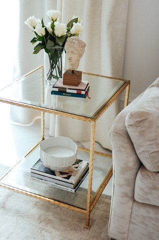 Ave Home - Chloé Glass Side Table, Gold Leaf | One Kings Lane Simple Dining Table, Glass End Tables, Decor 2024, Front Rooms, Glass Side Tables, Metal Detail, Sideboard Console, End Tables With Storage, Bottom Shelf