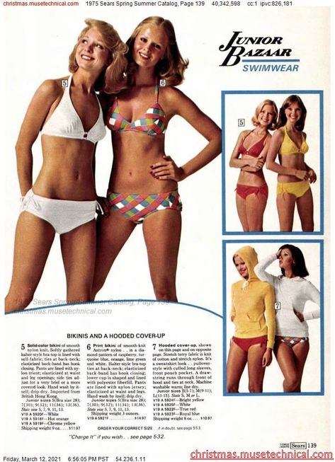 1975 Sears Spring Summer Catalog, Page 139 - Christmas Catalogs & Holiday Wishbooks Vintage Fashion 1970, Colleen Corby, Kids Catalogs, 1970s Fashion Women, Solid Color Bikinis, 70s Inspired Fashion, Seventies Fashion, 70’s Fashion, Vintage Swim