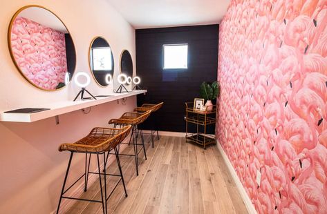 Bnb Decor, Pink Flamingo Wallpaper, Palm Springs Decor, Scottsdale Bachelorette, Palm Springs Bachelorette, Best Airbnb, Pink Cactus, Makeup Area, Flamingo Wallpaper