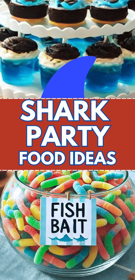 SHARK PARTY FOOD IDEAS FOR KID PARTIES - shark food ideas for Shark Week parties, Baby Shark birthday party, ocean party food ideas and any shark themed party ideas. #sharks #sharkparty #sharkfood #partyfoods #partysnacks Shark Food Ideas, Shark Party Food Ideas, Ocean Party Food, Shark Party Food, Shark Themed Snacks, Ocean Themed Food, Shark Themed Food, Shark Party Foods, Ocean Snacks