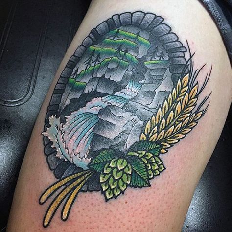 Traditional Tattoo Upper Arm, Waterfall Tattoo, Outdoor Tattoo, Scenery Tattoo, Nature Tattoo Ideas, Nature Tattoo, Upper Arm Tattoos, Outdoors Tattoo, Mountain Designs