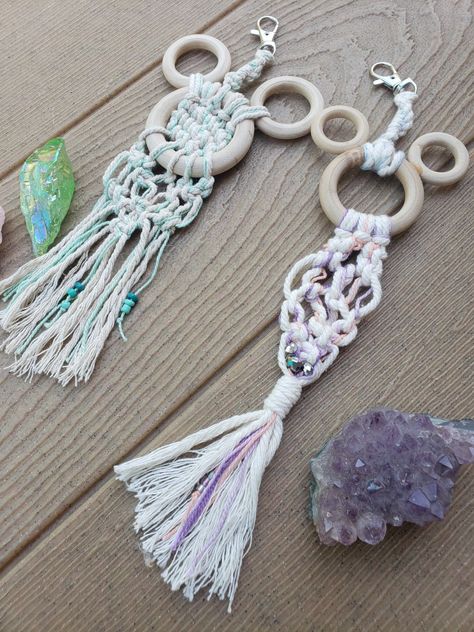 Woven natural cotton cord, bead embellishments, colored thread,  wood rings Macrame Wood Ring Ideas, Mickey Mouse Macrame, Disney Macrame, Macrame Disney, Mickey Keychain, Mickey Mouse Ring, Keychain Wood, Mickey Pumpkin, Premade Scrapbook