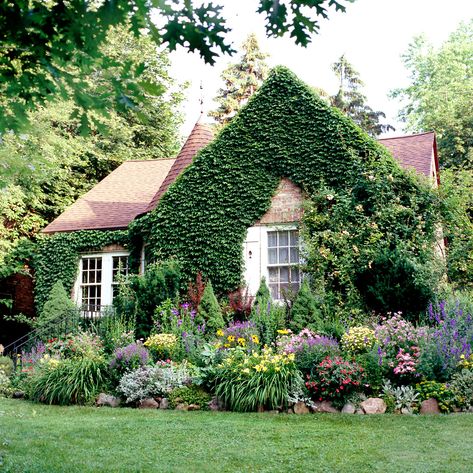 Cottage With Turret, Ivy Covered Cottage, Cottage With Tower, House Covered In Vines, Ivy Covered House, House With Ivy, House With Turret, Ivy Cottage, Green Cottage