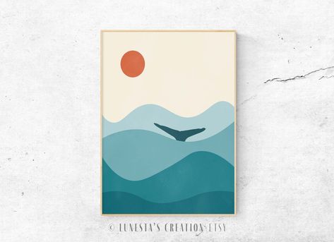 Scandi Wall Art, Boho Painting, Nordic Print, Whale Print, Red Sun, Island Art, Blue Tone, Wall Art Boho, Etsy Printable Art