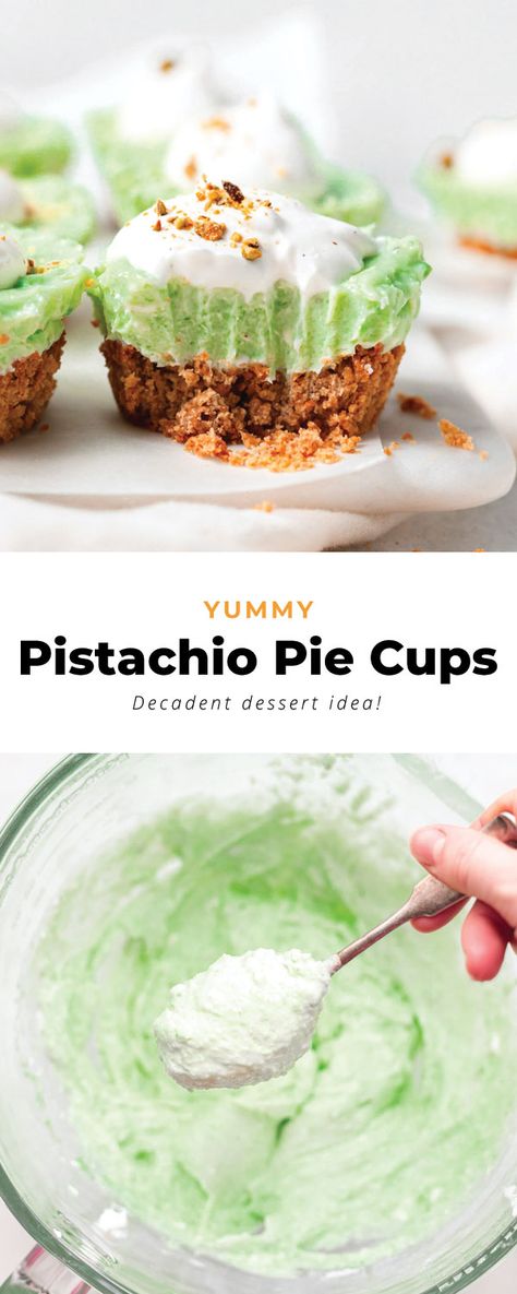 These pistachio pie cups are an individual size pistachio pie you'll absolutely LOVE! Made with a pistachio cheesecake filling and an easy graham cracker crust. Don't forget the dollop of whip on top! Pistachio Pudding Dessert, Individual Cheesecake, Easy Graham Cracker Crust, Pistachio Desserts, Pistachio Mousse, Pistachio Pie, Pie Cups, Hawaiian Desserts, Pistachio Cheesecake