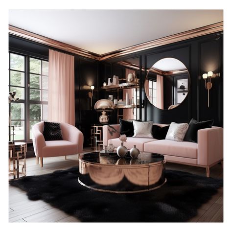 Womens Lounge Room Ideas, Pink Black And Gold Living Room, Black Lounge Ideas, Pink Black And White Office, Black And Blush Living Room, Rose Gold Living Room Ideas, Pink And Black Living Room Ideas, Pink Black Living Room, Black And Pink Office