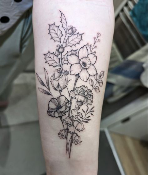 Holly Tattoo, Birth Flower Bouquet Tattoo, Wild Rose Tattoo, Indian Feather Tattoos, Mum Tattoo, Holly Flower, Flower Bouquet Tattoo, Flower Tat, Birth Flower Bouquet